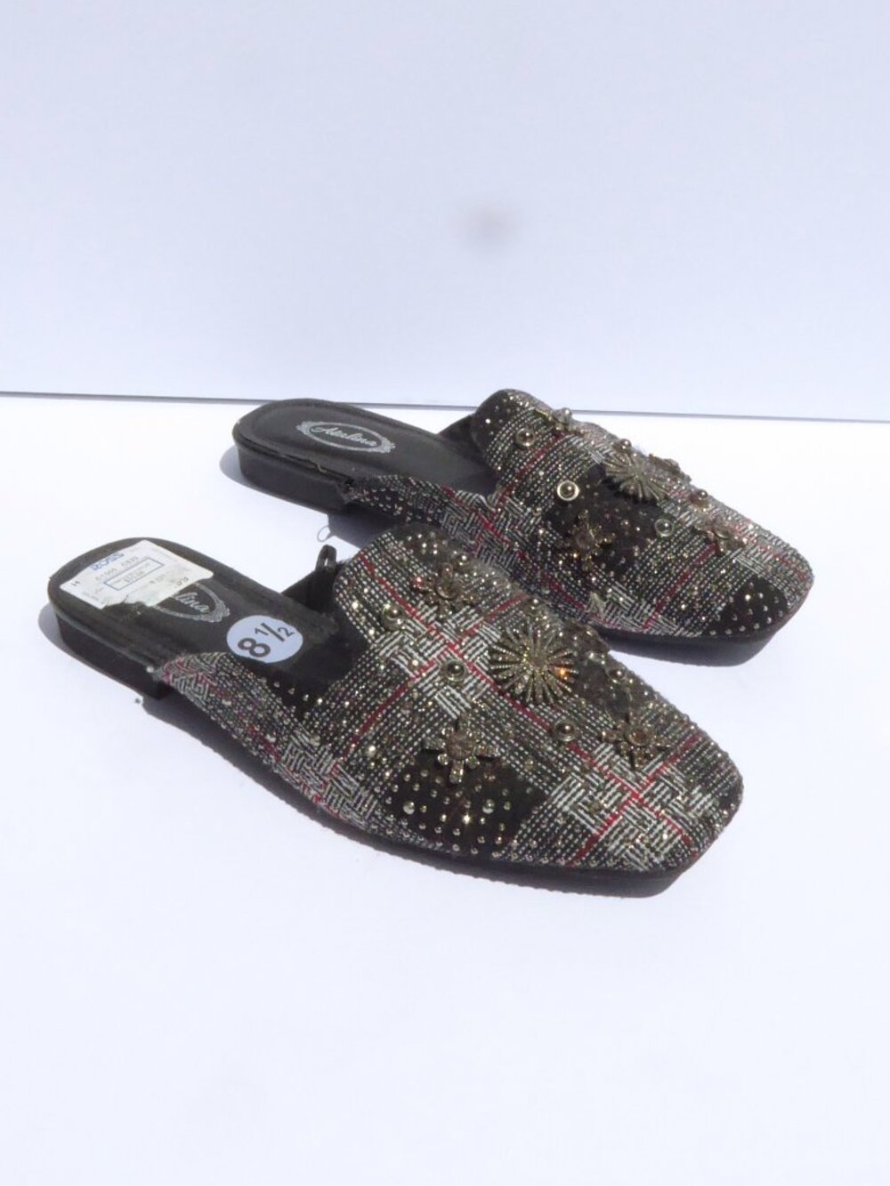 New Atalina black plaid dark gray embellished rhinestone slip on mules size 8.5